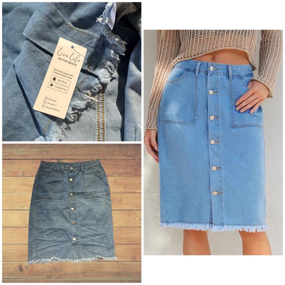 NEW Cupshe Denim Front Button Frayed Midi Skirt, Medium